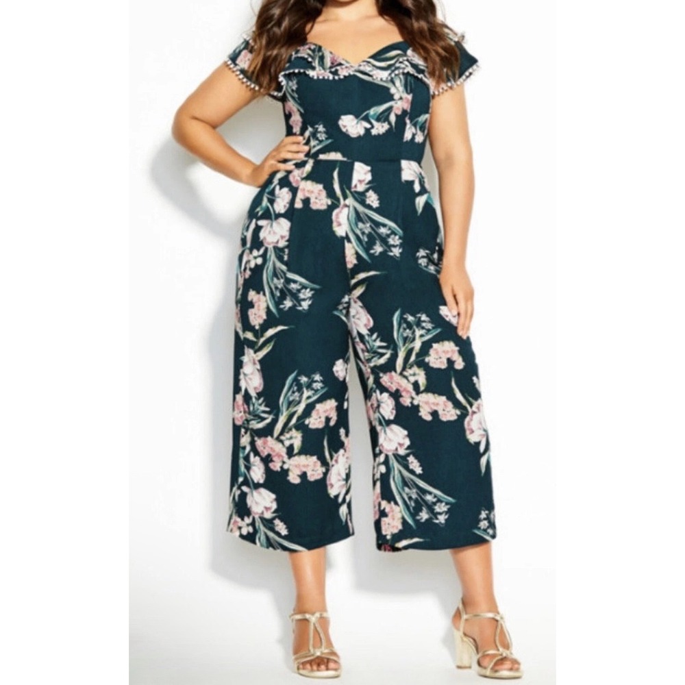 City Chic NWT‎ Green Floral Jumpsuit L 20 Wide Leg Off Shoulder Pom Pom Trim NEW